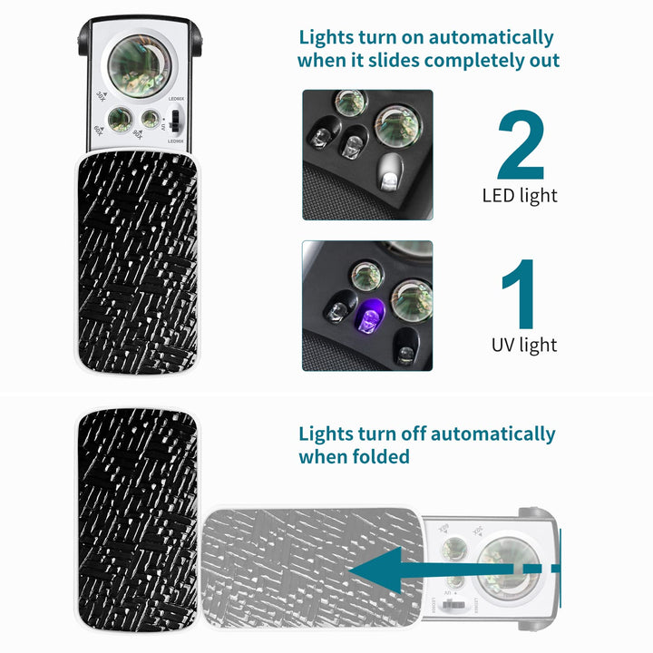 2 Pack Jewelers Loupe, 30X 60X 90X Illuminated Jewelers Eye Magnifier and Magnifying Glass Loop with UV Black Light and Bright LED Light for Gems, Jewelry, Diamond, Coins, Stamps (Black)