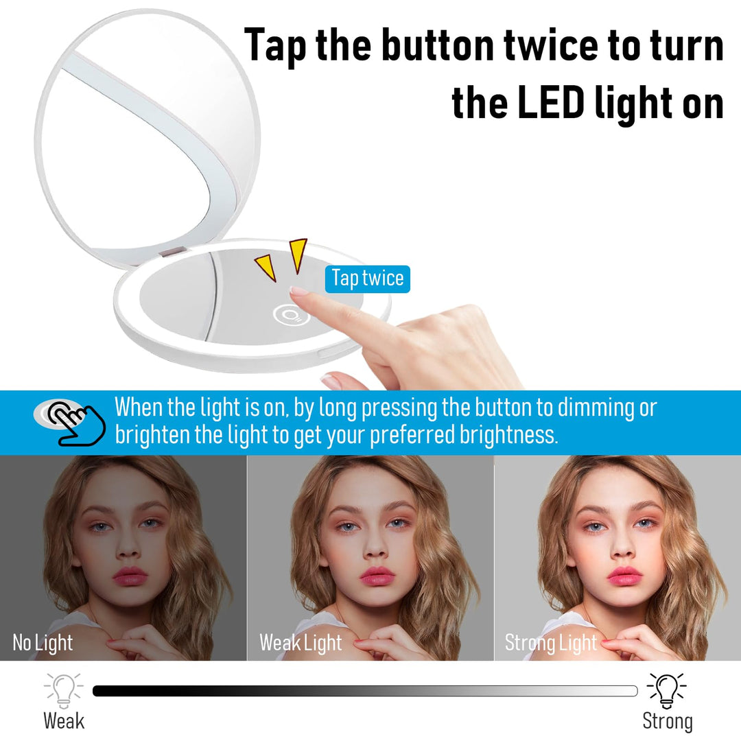 Compact Mirror with LED Light,1x/10x Magnifying Rechargeable Mirror,3.5in, Dimmable Travel Mirror for Purse,Pocket,Handheld 2-Sided Makeup Mirror