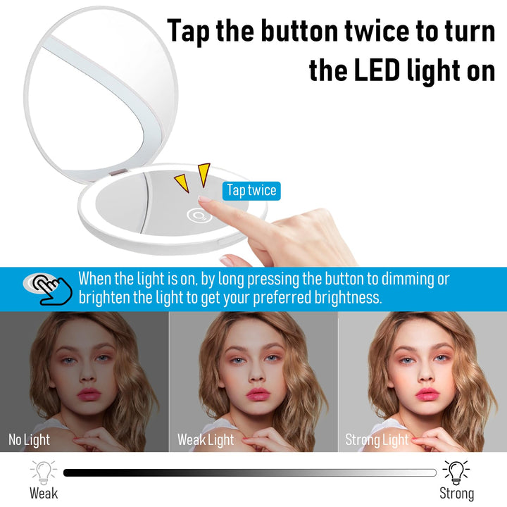 Compact Mirror with LED Light,1x/10x Magnifying Rechargeable Mirror,3.5in, Dimmable Travel Mirror for Purse,Pocket,Handheld 2-Sided Makeup Mirror