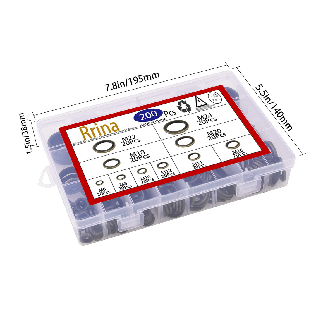 Rrina 200Pcs Metric Dowty Bonded Seal Oil Washer Assort