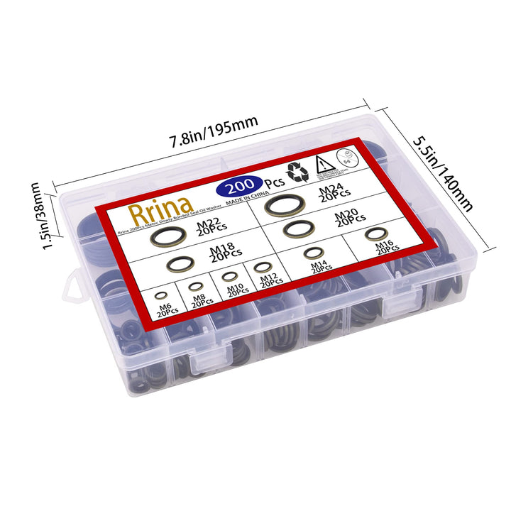 Rrina 200Pcs Metric Dowty Bonded Seal Oil Washer Assort