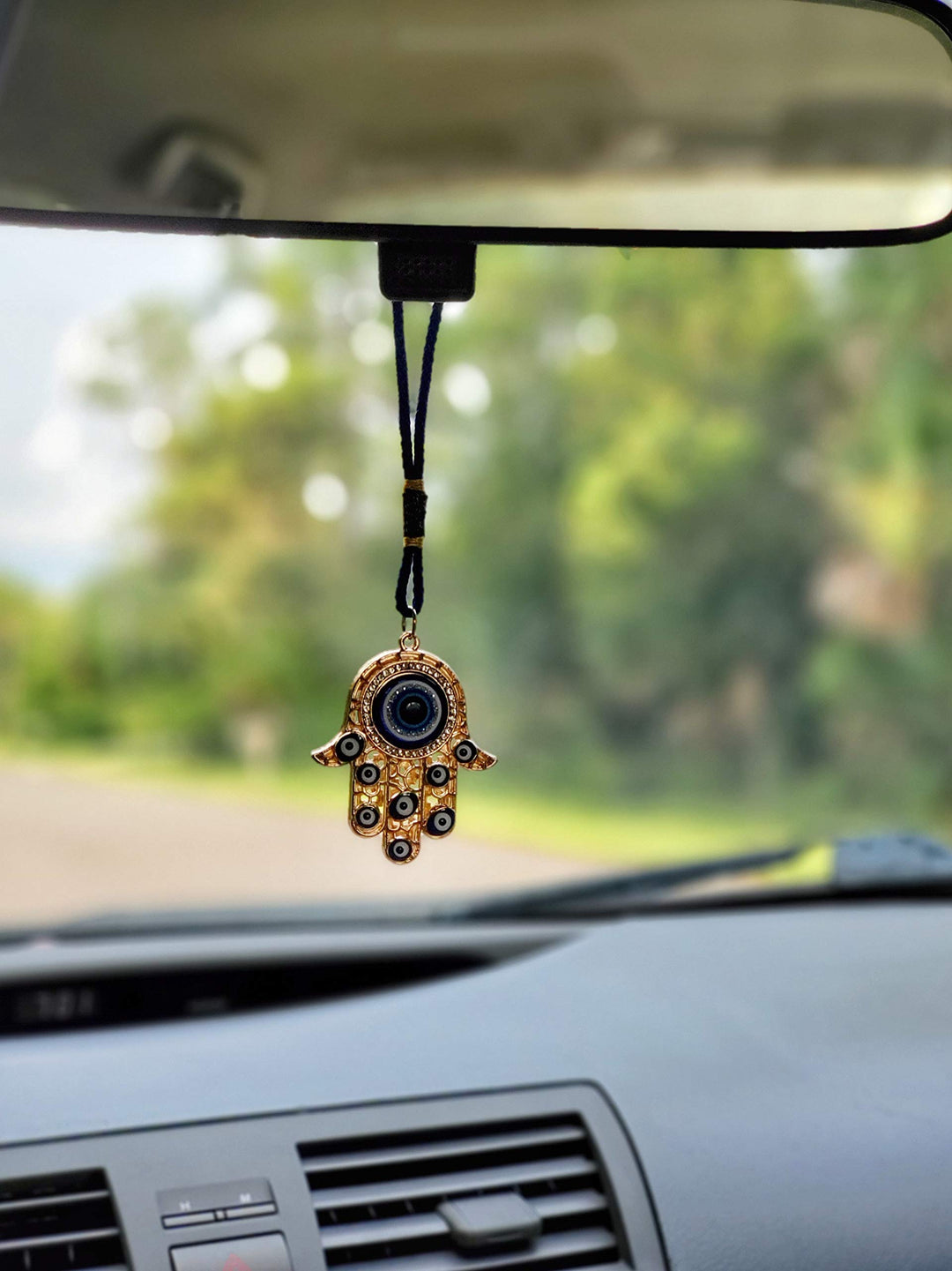 Hamsa Hand Amulet Pendant w/Crystal Rhinestones Blue, White &amp; Black Evil Eye Car Hanging Ornament Rear View Mirror Accessories - Door, Wall, Bag Charms (Gold &amp; Matching Tassel)
