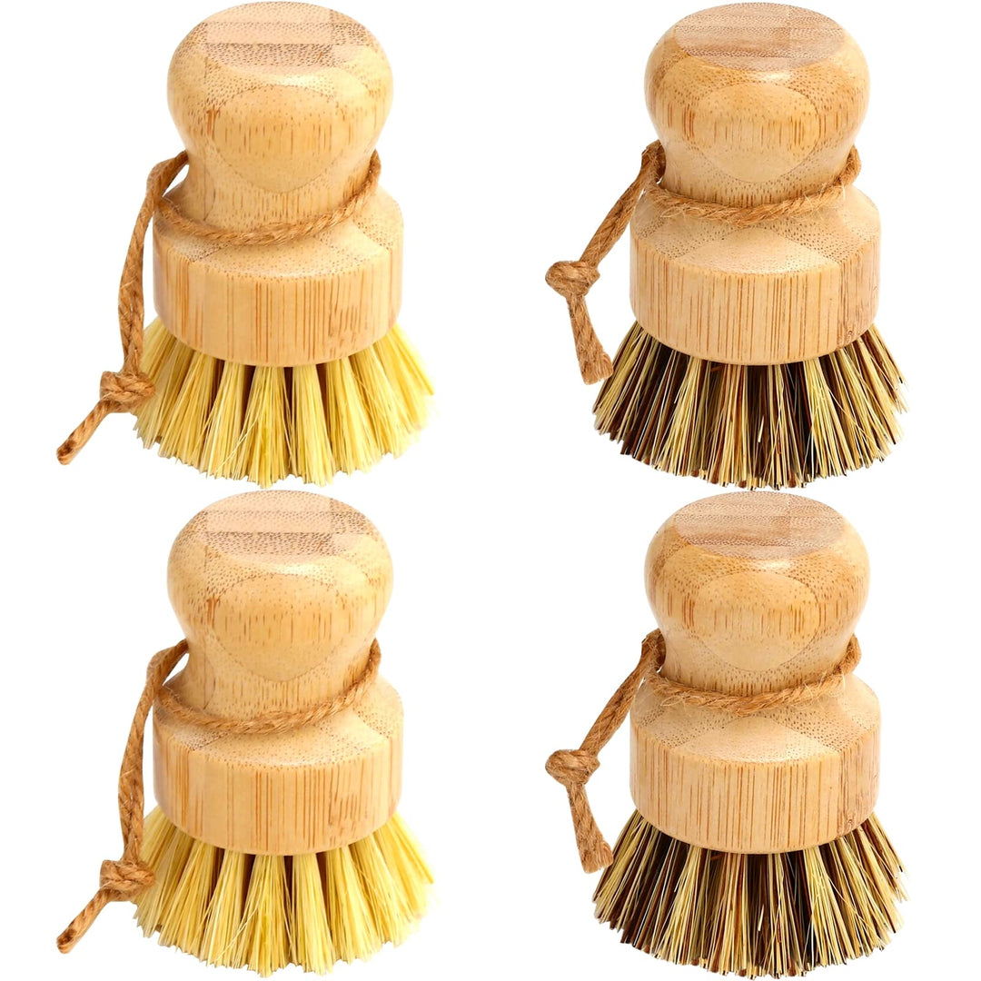 Bamboo Dish Brush Set, 4 Pcs Palm Wooden Dish Scrubber Brush, Dish Brushes, Durable Wood Dishes Scrub Brush, Natural Round Vegetable Cleaning Pots Pans Sink Washing Kitchen Brush