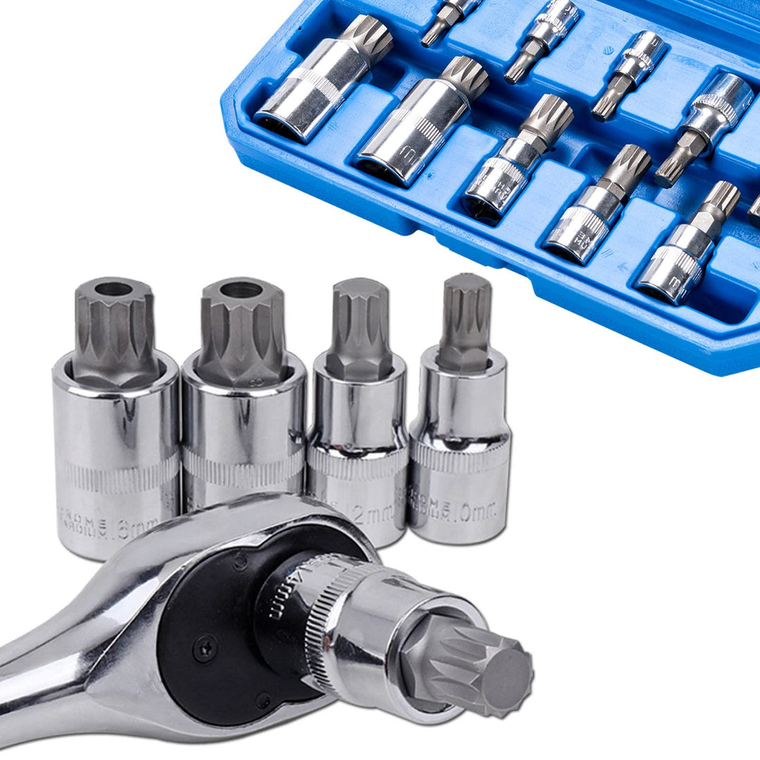 Spline Socket Bit Set 10pcs Square Triple Silver M4 - M18