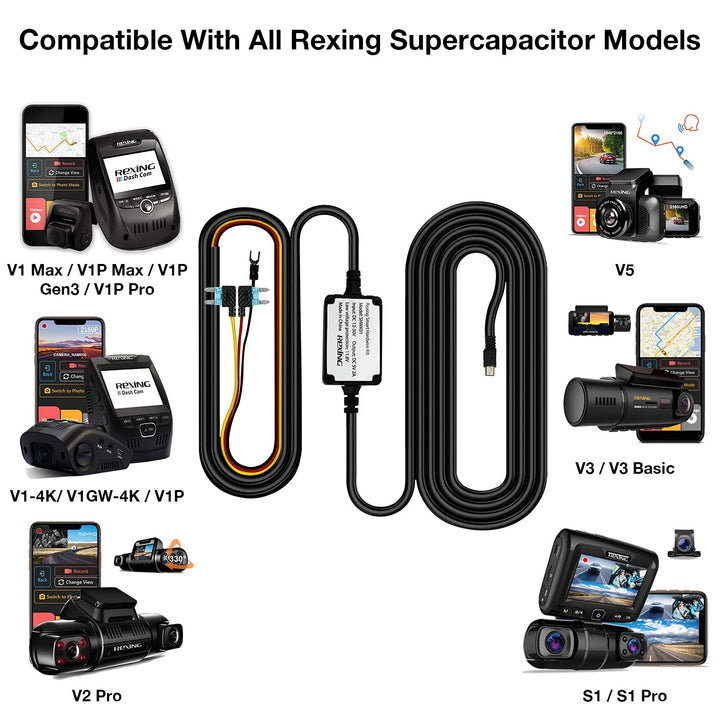 Rexing Smart Hardwire Kit Mini-USB Port for All Supercapacitor Models - V1-4K, V1P, V3, V2 Pro, V5, S1 Series, V1P Pro Series, Max Series Dash cams,etc