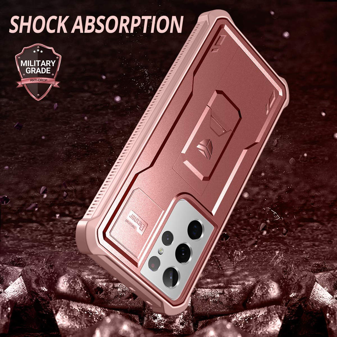 for Samsung Galaxy S21 Ultra Case, [Built in Screen Protector and Kickstand] Heavy Duty Military Grade Protection Shockproof Protective Cover for Samsung Galaxy S21 Ultra 5G, 6.8 inch Rose Gold