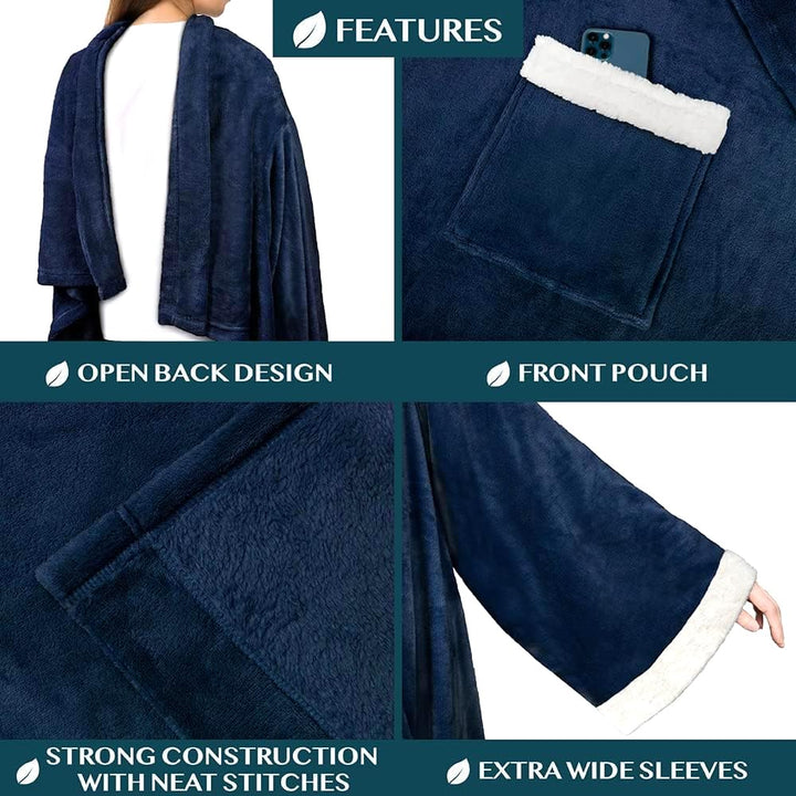 Fleece Blanket with Sleeves for Women Men Adults, Wearable Blanket Warm Soft Plush, Hug Sleep Pod Snuggle Pocket Sleeved TV Throw Wrap, Cozy White Elephant Gifts Ideas for Mom Wife, Navy Blue