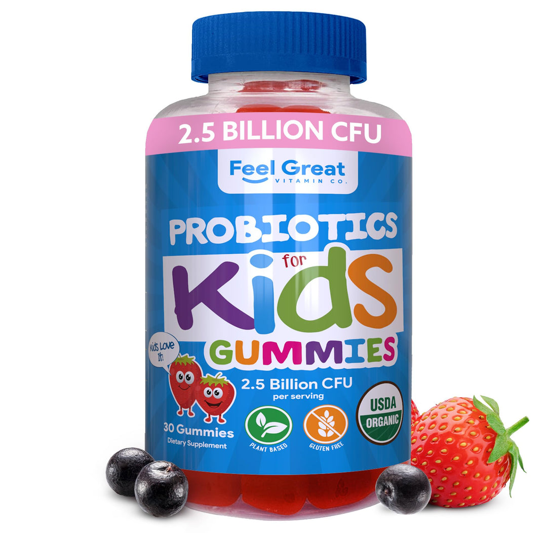 Feel Great USDA Organic Kids Probiotics Gummies | Chewable Strawberry Probiotics for Digestive Health &amp; Immune Support | Plant Based Probiotic &amp; Prebiotic for Kids | 30 Count