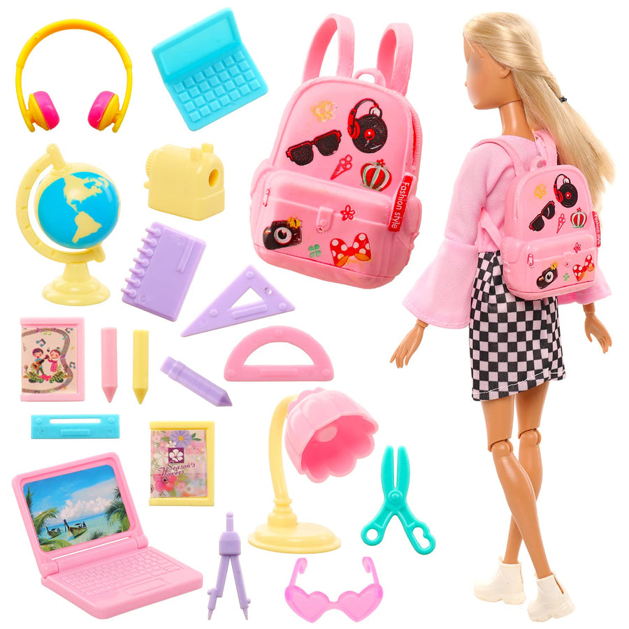19 Pcs Girl Doll School Accessories Mini Doll Backpack Mini Desk Lamp Laptop Mini Globe Glasses and Headset for 11.5 Inch Doll School Playset