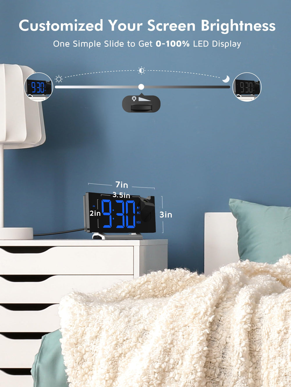 Projection Alarm Clock,FM Clock Radio with 0-100% Dimme