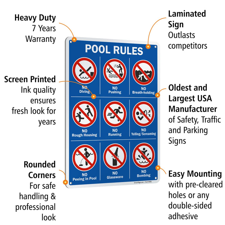 SmartSign 14 x 10 inch “Pool Rules - No Diving, No Push