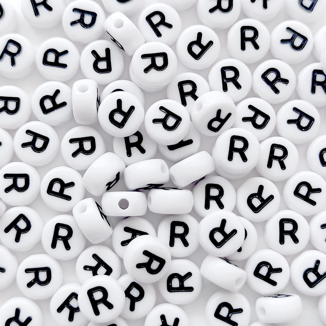 100 PCS Letter Beads White Round Acrylic Alphabet Beads Letter R Beads for Jewelry Making Bracelets Necklaces Key Chains DIY 4X7 mm