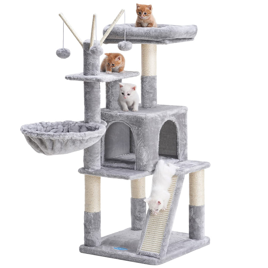 Cat Tree 46inch Cat Condo with Sisal Scratching Posts,Multi-Level Cat Tower with Scratching Board,Basket,Removable Fur Ball Sticks,Light Grey MPJ015W