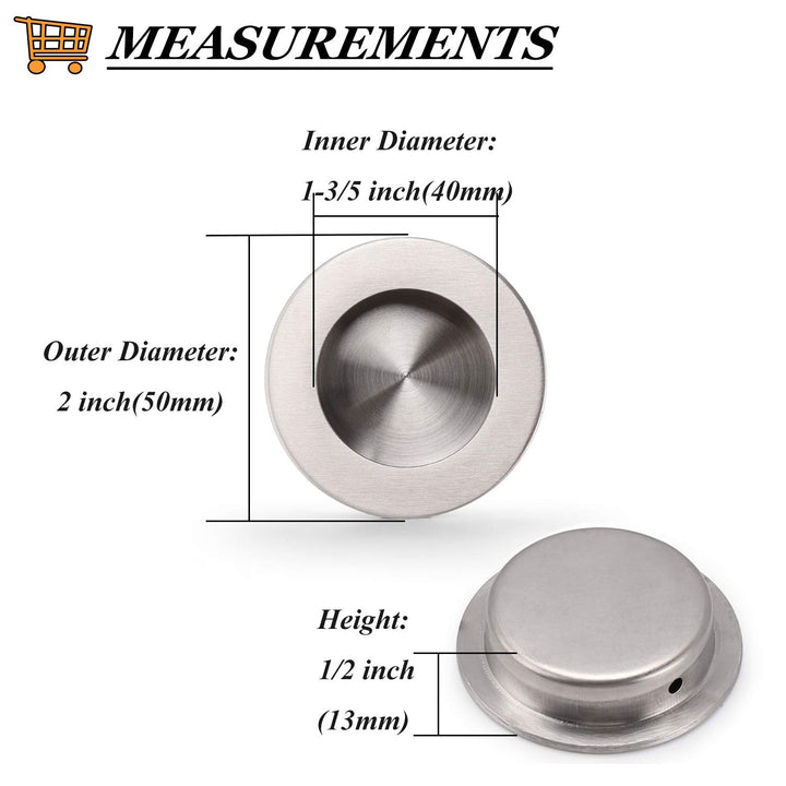 (2 Pack Round Flush Door Pulls Black Recessed Cabinet Handles Stainless Steel Recessed Sliding Door Pulls 2 Inch(50mm) Diameter Closet Door Finger Pulls
