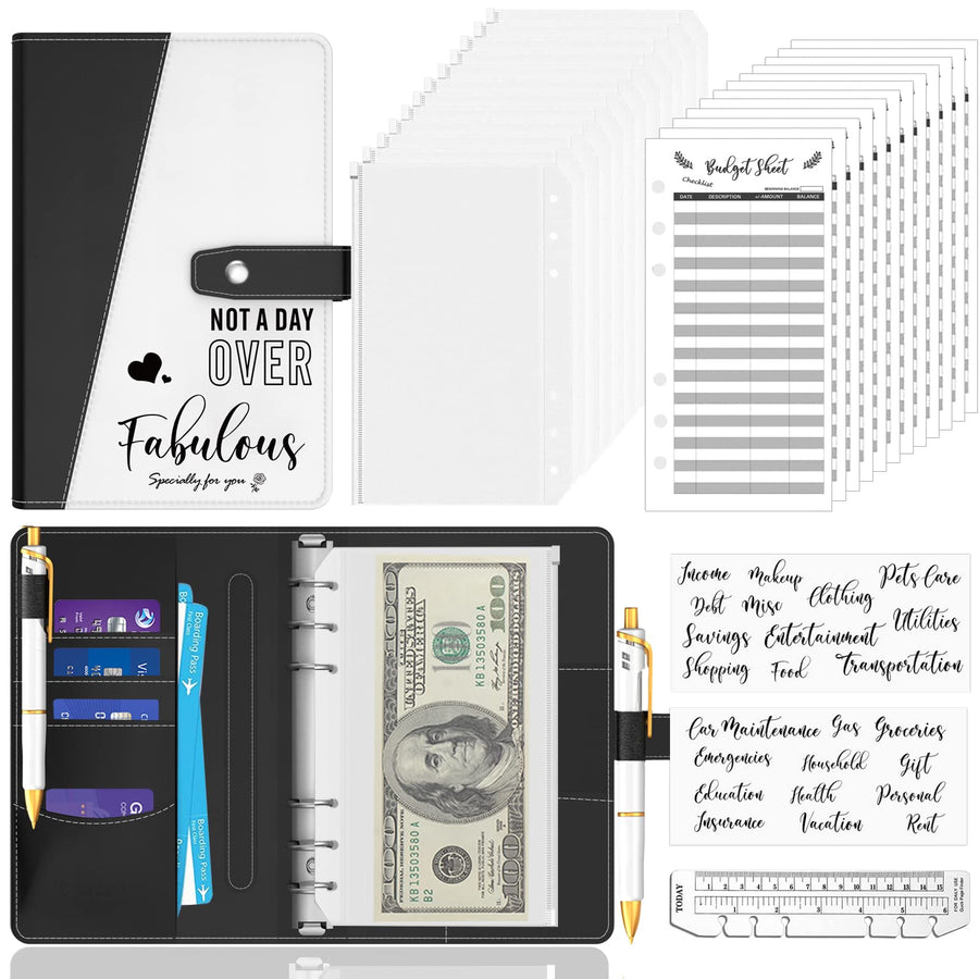 Cash Envelopes for Budgeting, 50 Pcs Budget Binder with Zipper Envelopes and Expense Budget Sheets, Waterproof PU Leather A6 Binder for Money Saving Planner Organizer (Black)