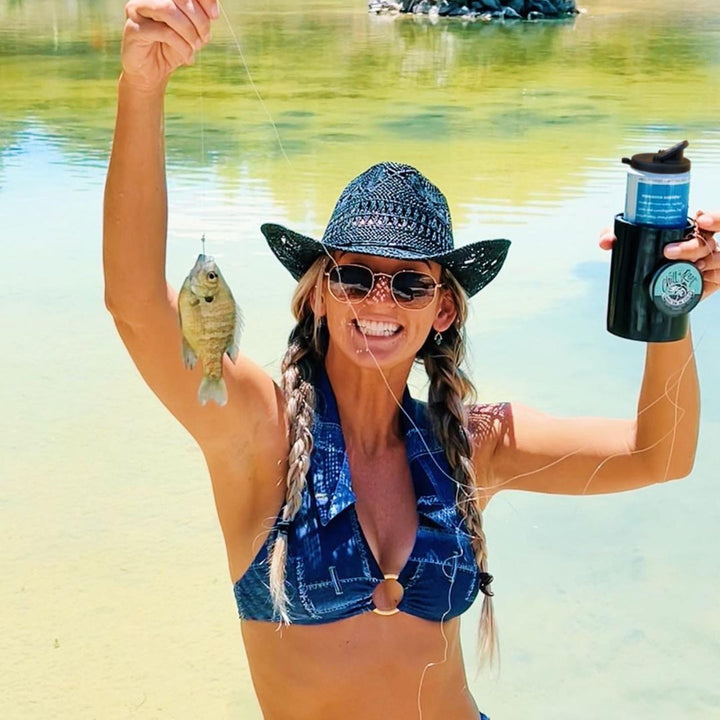 Fishing Can Cooler (from Shark Tank) | Hard Shell Drink Holder with Hand Line Reel Attached | Fits Any Standard Insulator Sleeve or Coozie | Unique Fun Fishing Gift (Camo Classic)