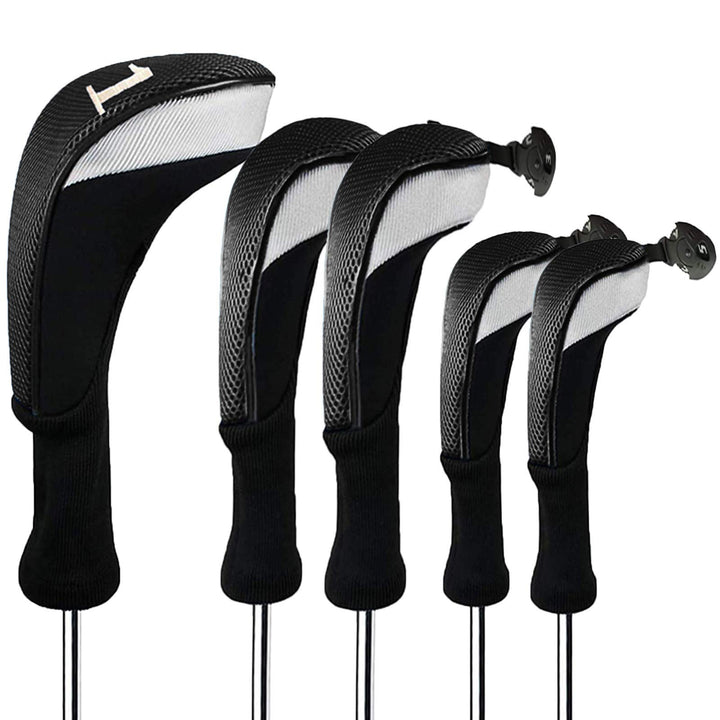 Golf Club Head Covers Woods Driver Fairway Hybrid 3/4/5 Set, Headcovers Men 1 3 5 7 X Interchangeable Number Tag, Fit All Wood Clubs (5 Pack-Black(1D+2F+2H))