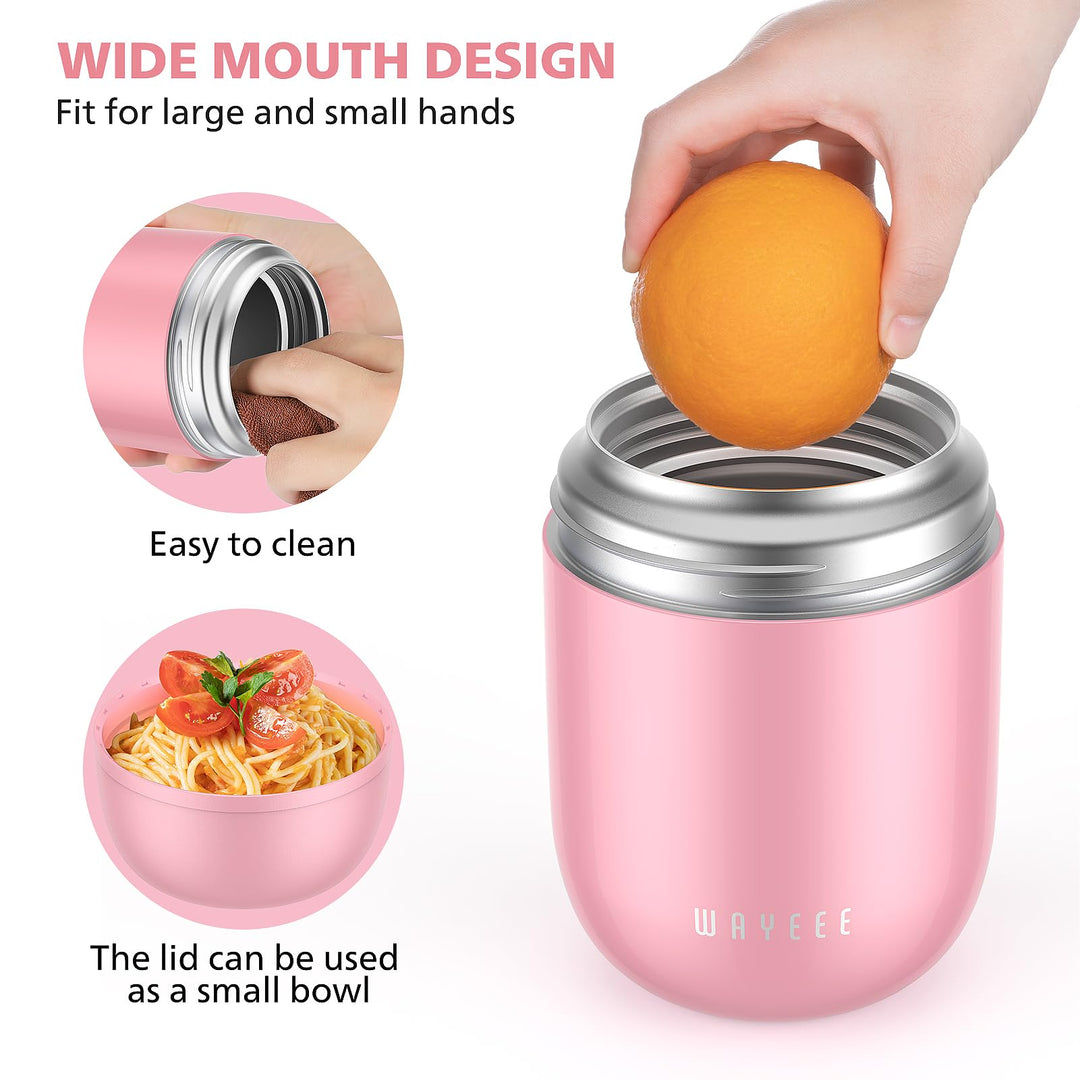 Food Containers for Hot Food Insulated Food Jar, Vacuum Bento Box Lunch Containers 16 oz for Kids Adults, Airtight Stainless Steel Soup Containers with Spoon, for School, Travel, Picnic - Pink