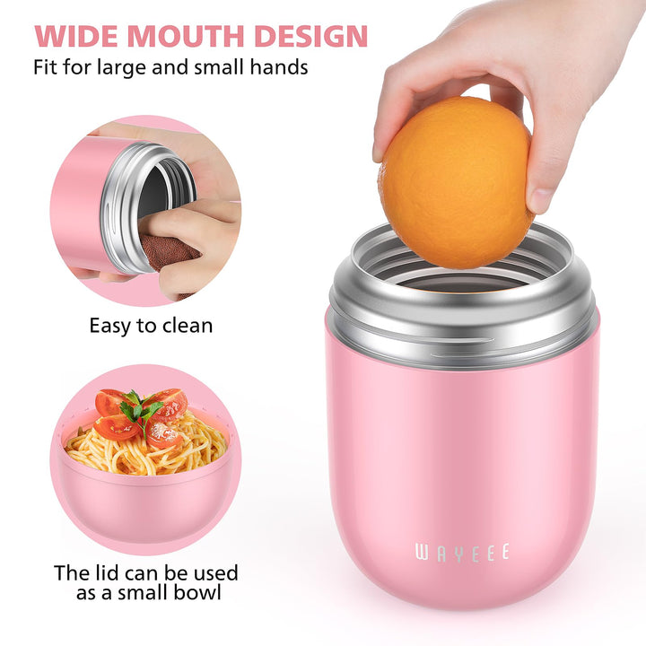 Food Containers for Hot Food Insulated Food Jar, Vacuum Bento Box Lunch Containers 16 oz for Kids Adults, Airtight Stainless Steel Soup Containers with Spoon, for School, Travel, Picnic - Pink