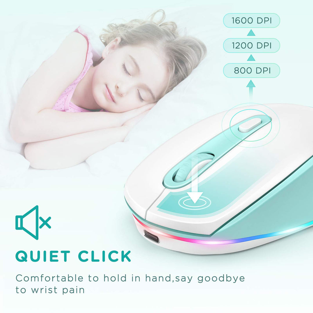 Wireless Mouse, Rechargeable Light Up Mouse for Laptop, Small Cordless Mice with Quiet Click LED Rainbow Lights for PC Computer Kids Chromebook Windows Mac,Mint Green