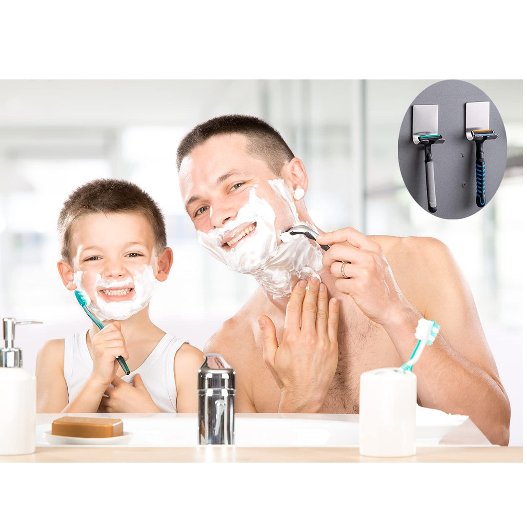 Razor Holder Shaver Hook Hanger Stand(2 Pack)Self Adhesive Stainless Steel Heavy Duty Utility Storage Hook,Shower Hook for Razor,Bathroom Kitchen Organizer for Plug Robe Towel Loofah Bathrobe Coat
