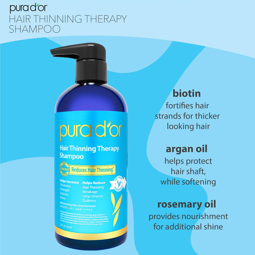 PURA D&#39;OR 16 Oz Hair Thinning Therapy Biotin Shampoo - ORIGINAL Scent - CLINICALLY TESTED Effective Results, Herbal DHT Blocker Hair Thickening Products For Women &amp; Men, Color Safe Routine Shampoo