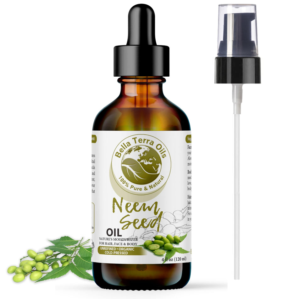 Bella Terra Oils New Neem Seed Oil. 4Oz. Cold-Pressed. Unrefined. Organic. 100% Pure. Antiseptic. Antifungal. Hexane-Free. Fights Wrinkles. Softens Hair. Natural Moisturizer. For Hair, Skin, Soapma