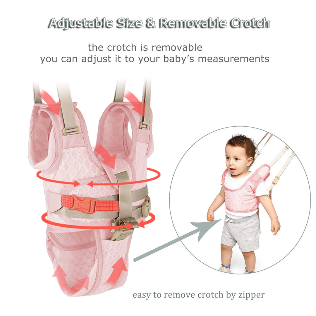 Huifen Baby Walking Harness, Handheld Kids Walker Helper with Detachable Crotch Adjustable Walker Harness Assistant Belt Baby Learning Walk Toddler Infant Walker 9-24 Months (Breathable Pink)