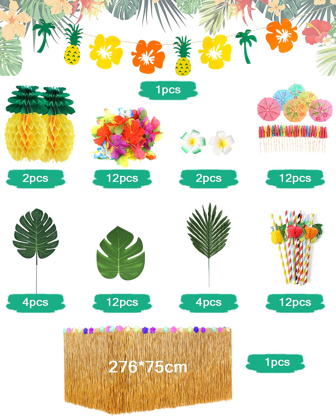 120 Pieces 12 Kinds Tropical Party Decoration Set, Include Hawaiian Table Skirt, Green Pink Balloons, Palm Leaf and Tropical Flowers for Summer Theme Baby Shower Birthday Luau Party Supplies