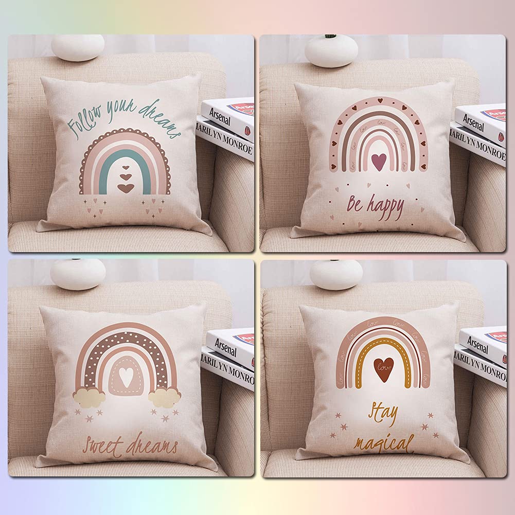Boho Rainbow Throw Pillow Covers, 18 x Inch Theme Cases Cotton Linen Pillowcases Square Cushion Case for Baby Nursery Bedroom Sofa Home Decor Set of 4 (Rainbow) (BA-08)