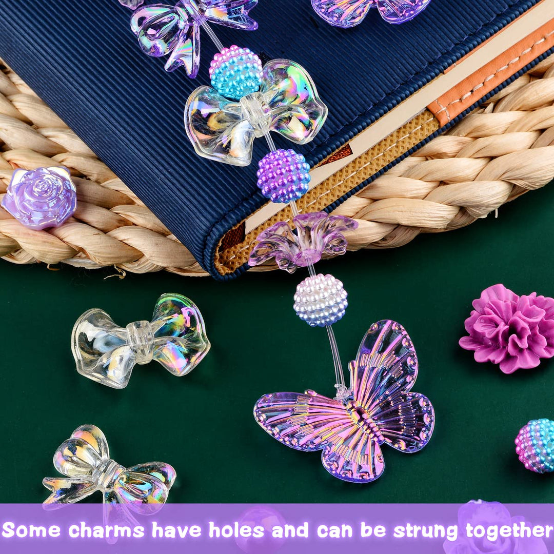 Kikonoke 350 Pieces 3D Resin ABS Colorful Rose Flower Bows Butterfly Charms with Flatback Half Round Pearl Beads for Bracelet Earring Necklace Craft DIY Making Supplies (Purple)
