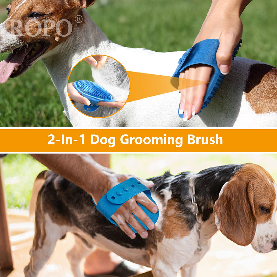 Dog Grooming Brush, Pet Shampoo Bath Brush Soothing Massage Rubber Comb with Adjustable Ring Handle for Long Short Haired Dogs and Cats 2pcs