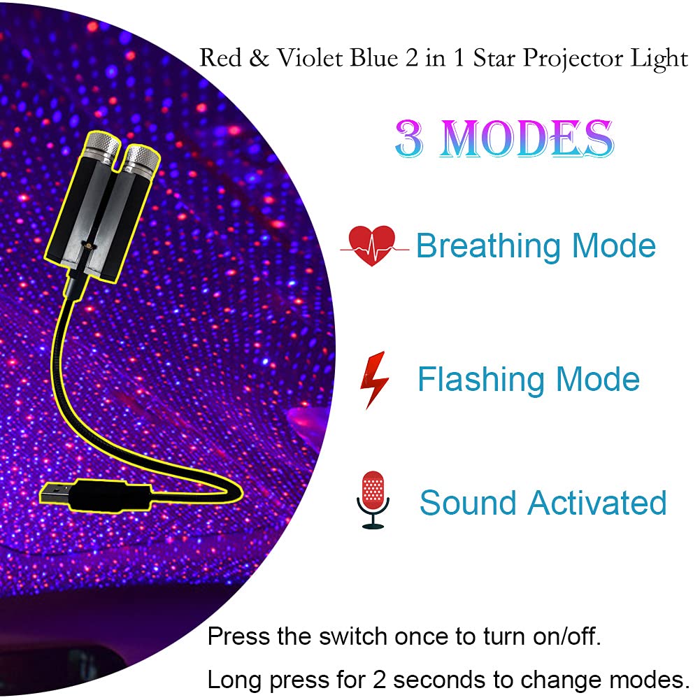 USB Star Night Lights Projector, Sound Activated 3 Modes 2 in 1 Interior Car Roof Lights, Adjustable Romantic Portable Car LED Light Decorations for Car, Ceiling, Bedroom (Red/Purple)