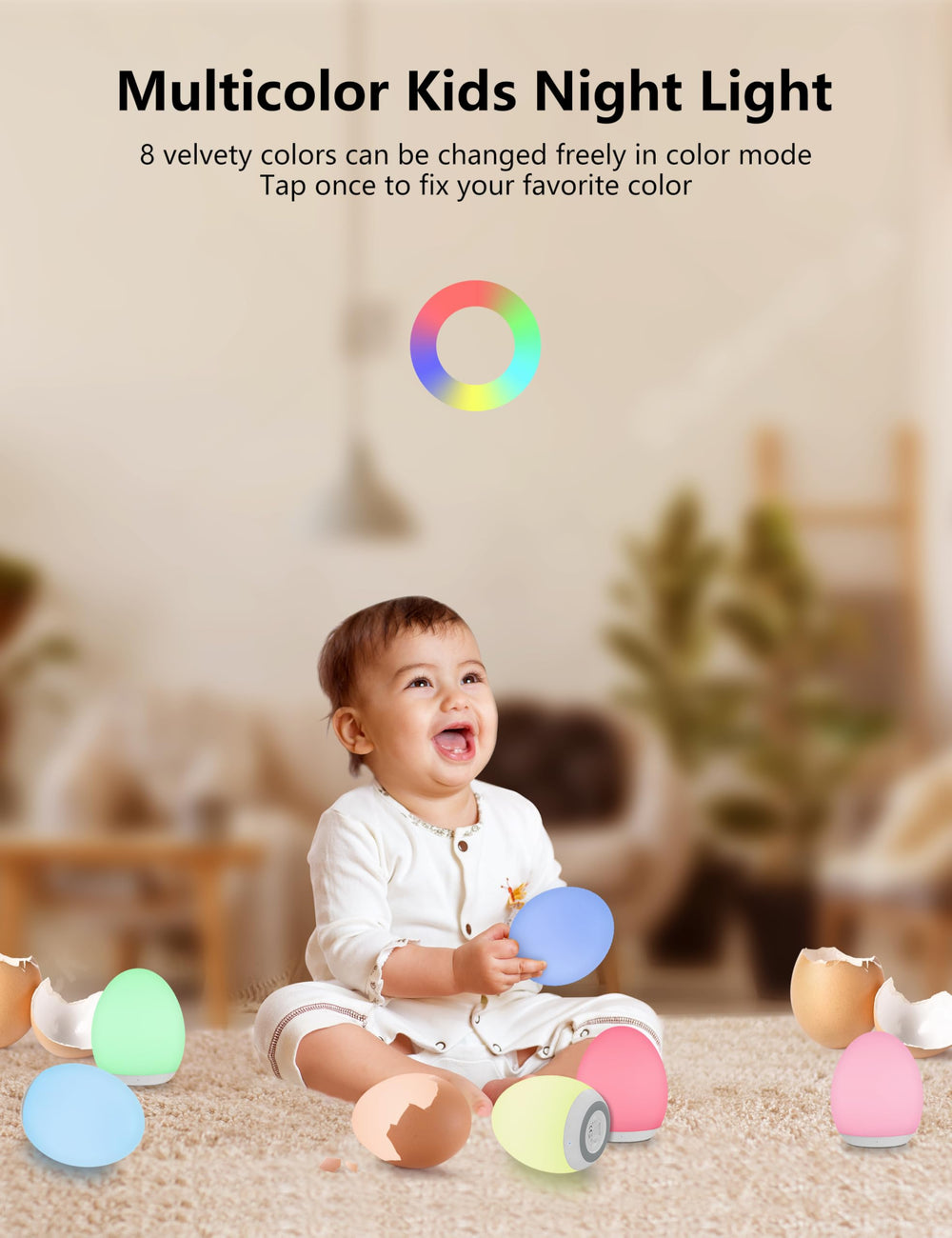 Night Light for Kids, Baby Night Light with 7 Colors Changing & Dimming Function, Rechargeable Night Light with 1 Hour Timer & Touch Control, Up to 100H