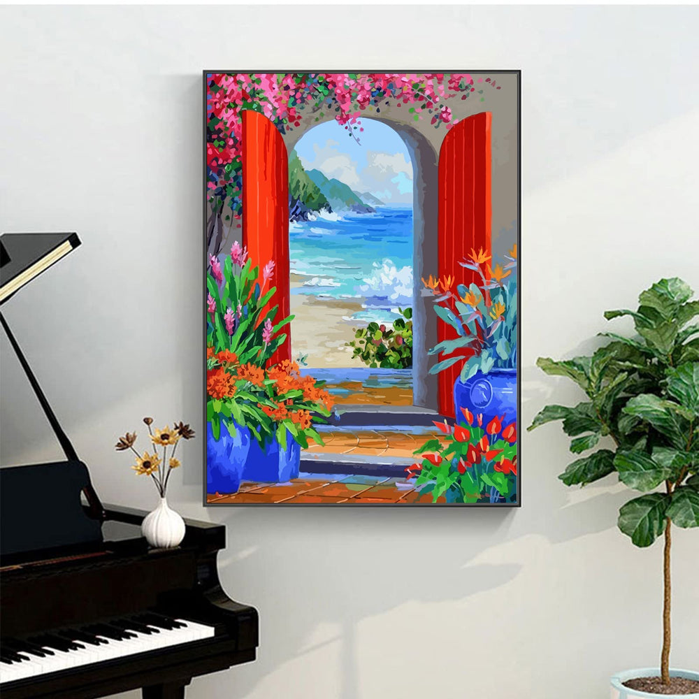 DIY Paint by Number for Adults and Kids, Acrylic Paint by Numbers for Beginner, 16” W x 20”L Easy Oil Painting for Gift Home Wall Decor (Door to The Beach)