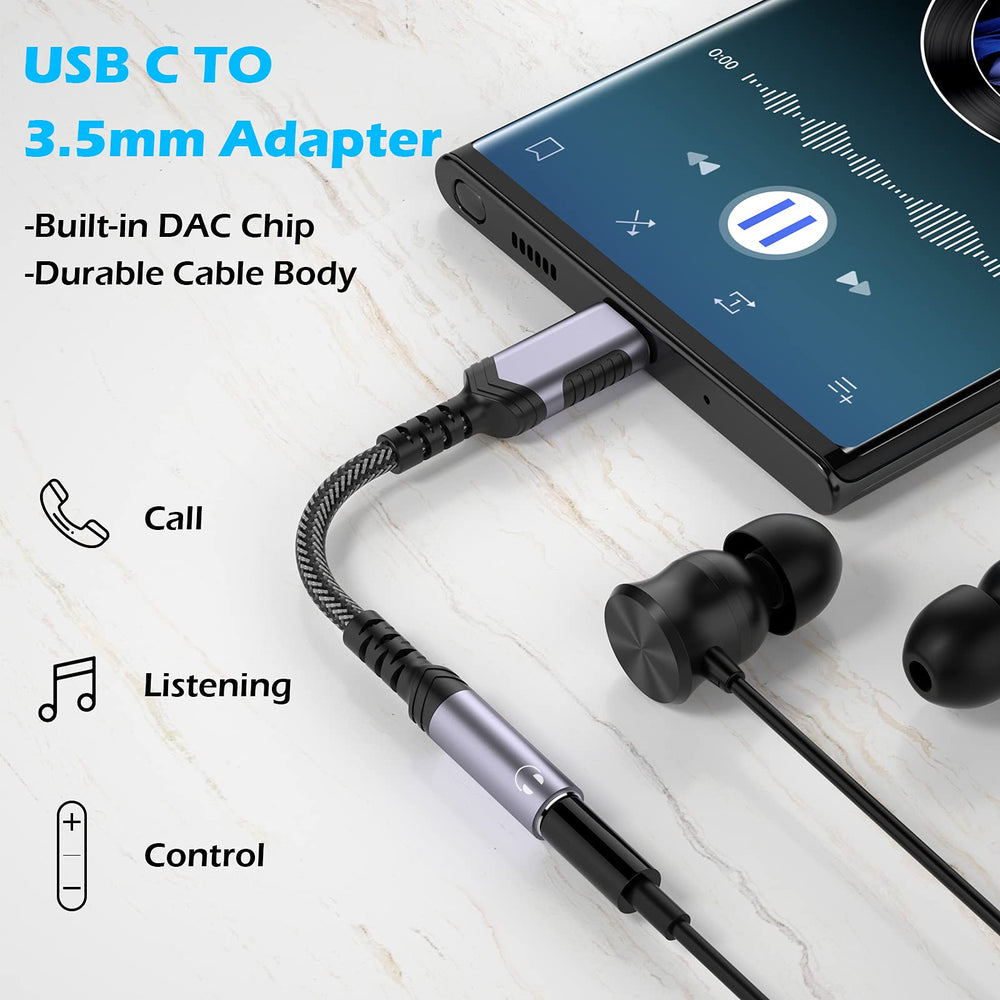 USB C to 3.5mm Audio Headphones Adapter for Samsung Galaxy S24 S23 Ultra S22 Plus S21 S20, Type C to Aux Earphone Dongle Cable DAC for iPhone 16 15 Pro Max iPad 10 Google Pixel 9 8 7 7A 6 OnePlus Grey