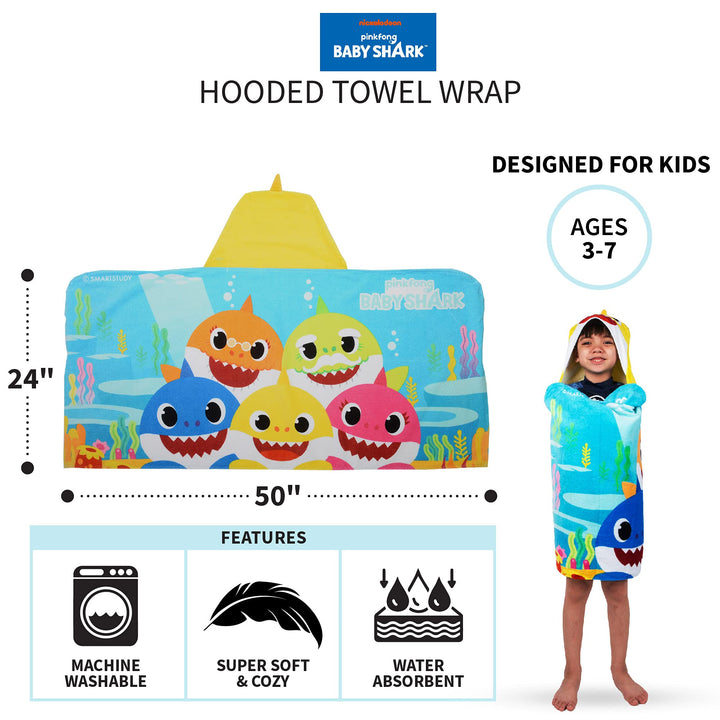 Kids Bath and Beach Soft Cotton Terry Hooded Towel Wrap, 24 x 50, Baby Shark