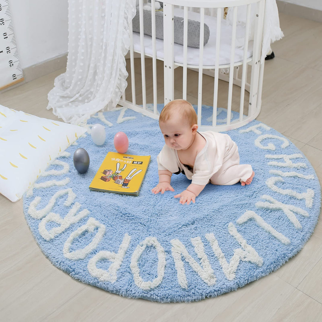 ABC Rug for Kids Room Circle Nursery Rug for Baby Boy and Girl - Neutral Cotton Alphabet Rug Round Kids Rug Toddler Playroom Rug, Letter Reading Carpet 47 Inches