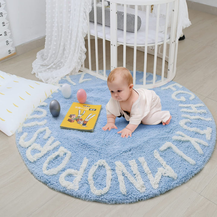 ABC Rug for Kids Room Circle Nursery Rug for Baby Boy and Girl - Neutral Cotton Alphabet Rug Round Kids Rug Toddler Playroom Rug, Letter Reading Carpet 47 Inches