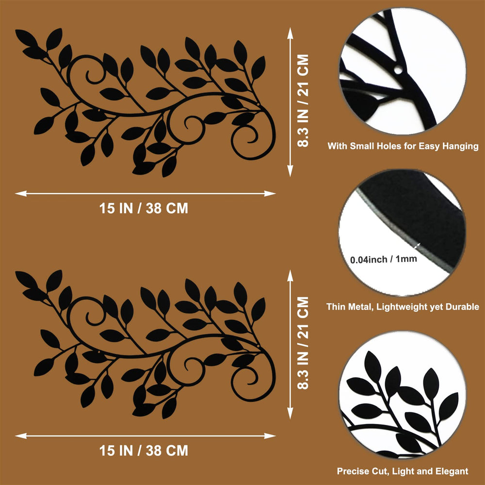 2 Pieces Metal Tree Leaf Wall Decor Vine Olive Branch Leaf Wall Art Ornament Wall Hanging Sign for above Door, Living Room, Office, Indoor and Outdoor Decoration (Black)