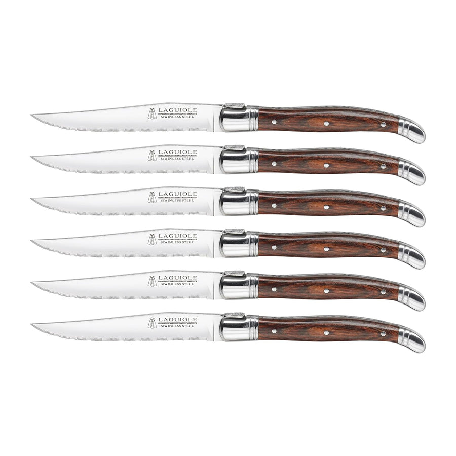 Set of 6-Brown & Gray Laguiole Steak Knives with Pakkawood Handles, Stainless/Wood
