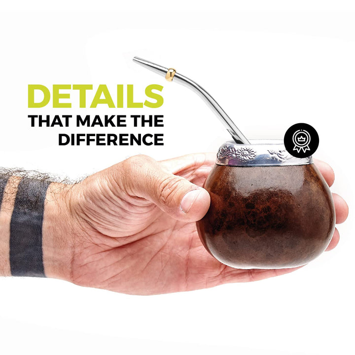 Balibetov Yerba Mate Gourd Set (Original Natural Handmade Yerba Mate Cup Argentina) - Includes Mate Tea Cup, Bombilla (Yerba Mate Straw) and Clean Brush (Brown)