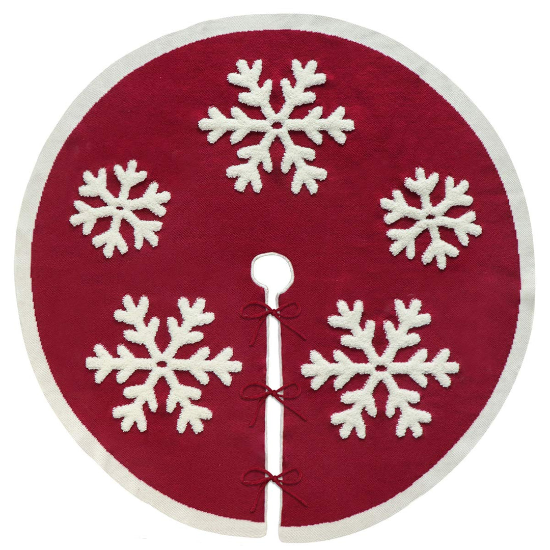 Knitted Christmas Tree Skirt, 48 Inches Knitted Christmas Decorations, Wine Red Heavy Yarn Xmas Holiday Decoration with White Snowflakes, Burgundy and Cream