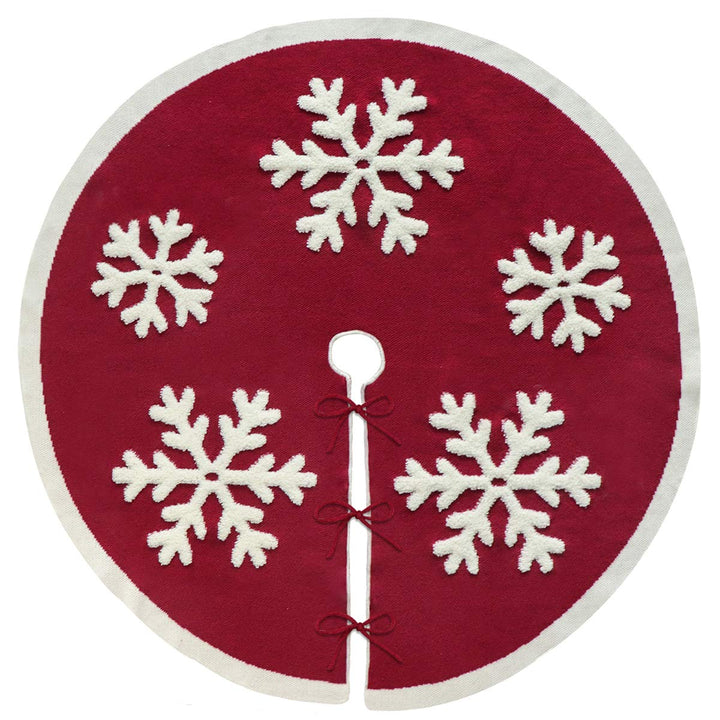 Knitted Christmas Tree Skirt, 48 Inches Knitted Christmas Decorations, Wine Red Heavy Yarn Xmas Holiday Decoration with White Snowflakes, Burgundy and Cream