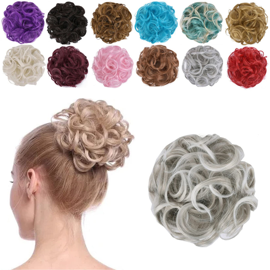 ELAINE Hair Buns Hair Piece Messy Tousled Wavy Curly Scrunchies Wrap Ponytail Extensions with Elastic Rubber Band Synthetic Donut Updo Hairpieces for Women Girls (Salt & Pepper)