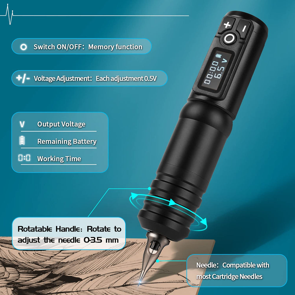 Wireless Tattoo Gun Machine, 2400mAh Recharge Battery Digital LCD Display Rotary Tattoo Pen Equipment for Skin Cartridges Guns Professional for Tattooing