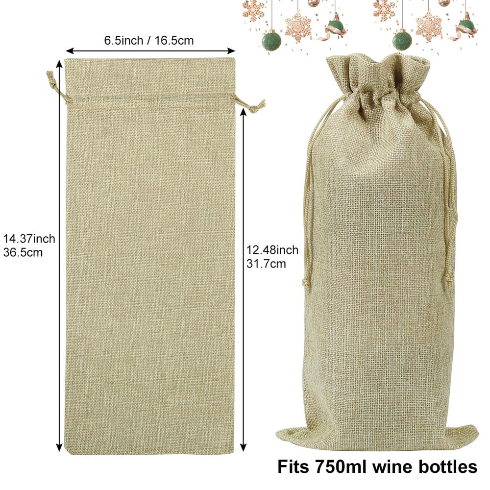 10pcs Jute Wine Bags, 14 x 6 1/4 inches Hessian Wine Bottle Gift Bags with Drawstring (Brown)