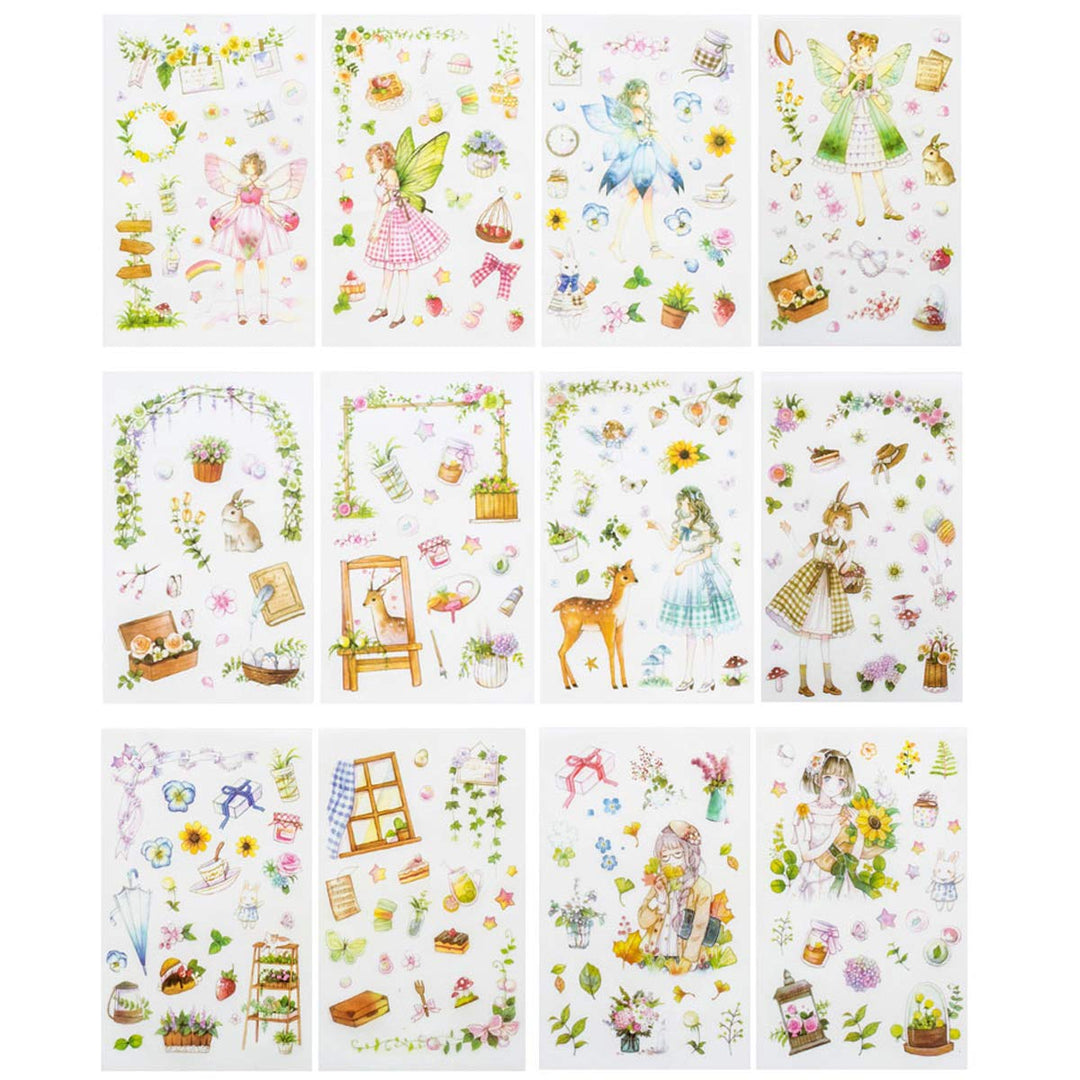Kawaii Gardening Fairy Girl Floral Sticker Set Cute Animal Rabbit Deer Stationery Stickers Diary Book DIY Craft Arts Scrapbooking Travel Journal Planner Decorative Label Art Journaling Supplies