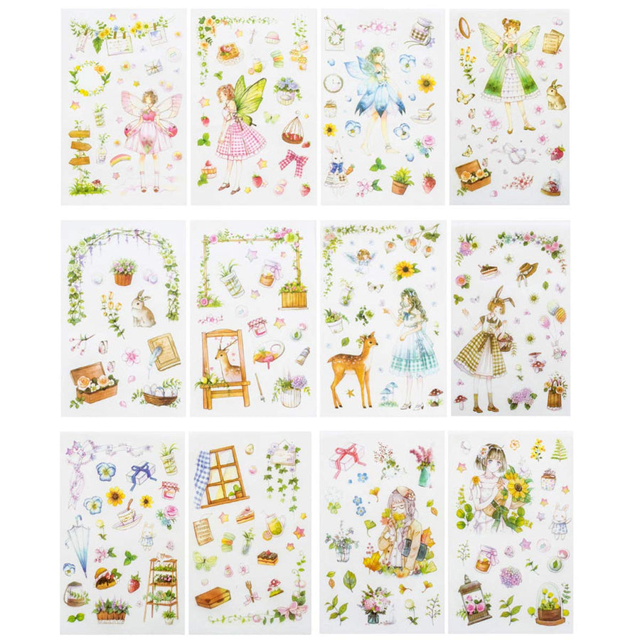 Kawaii Gardening Fairy Girl Floral Sticker Set Cute Animal Rabbit Deer Stationery Stickers Diary Book DIY Craft Arts Scrapbooking Travel Journal Planner Decorative Label Art Journaling Supplies