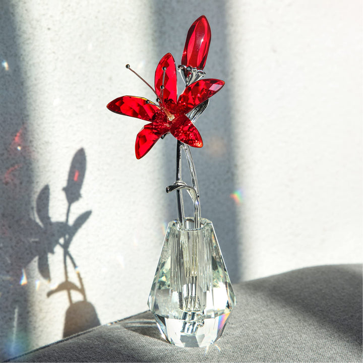 H&amp;D HYALINE &amp; DORA Crystal Calla Lily Flower Figurine Collectible Wedding Bouquets with Crystal Vase for Home Wedding Party Decor, Red Flower with Sliver Metal Stem